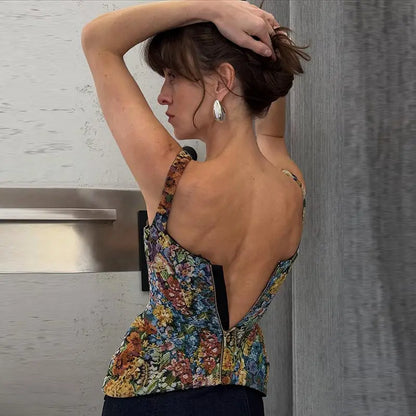 Sexy Print Sling Fishbone Corsets Women Backless Zipper Sleeveless Slim Tops Female 2026 Summer New Chic Evening Party Tanks