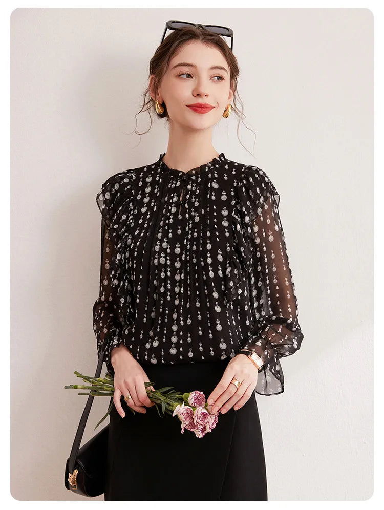 2024 Sweet Printed Stand up Collar Shirt Autumn Edition Gentle Bubble Sleeves Non Elastic Women's Shirt