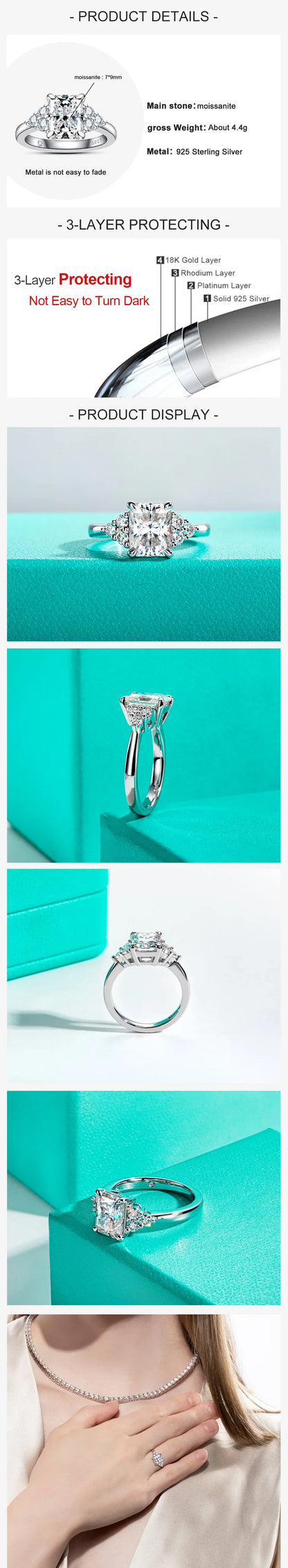 3ct Radiant Cut D Color Moissanite Engagement Ring 18K Gold Plated Luxurious Wedding Ring Women Jewelry Wholesale