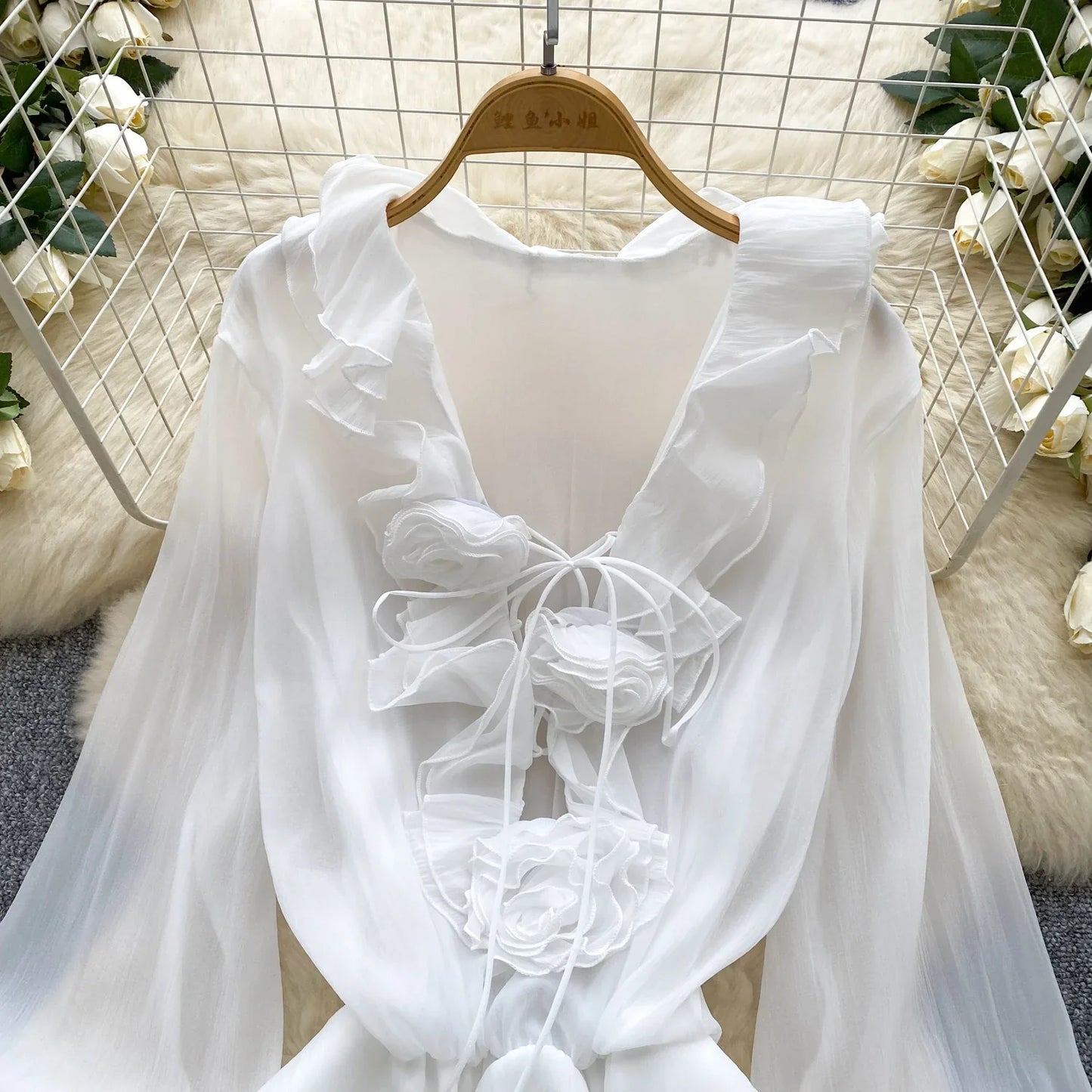 3D Floral Beach Short Dress Female Long Sleeves Lace Up Ruffle Chiffon Cake Sundress Sheer Sexy Vintage Bohemian Dress