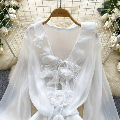 3D Floral Beach Short Dress Female Long Sleeves Lace Up Ruffle Chiffon Cake Sundress Sheer Sexy Vintage Bohemian Dress