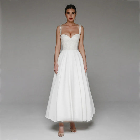 Customized Civil Party Wedding Dresses For Women A Line Spaghetti Straps Lace Up White Ankle Length Maxi Bride Gowns Plus Size