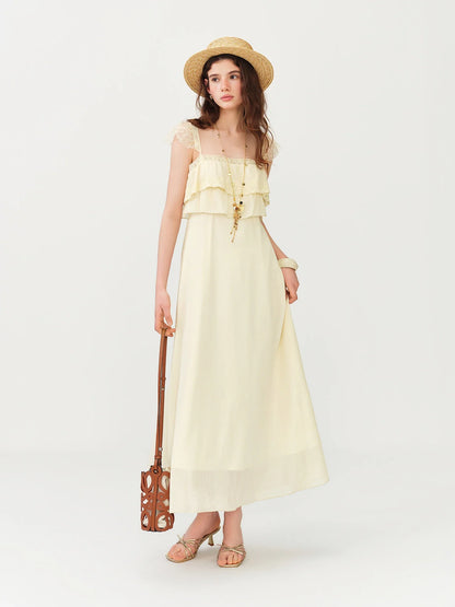 2026 Summer Women's Cap Sleeve Ruffle Hem Slip Dress, Slim Fit Flowy Maxi Dress for Y2K Coquette & Romantic Vacation Style