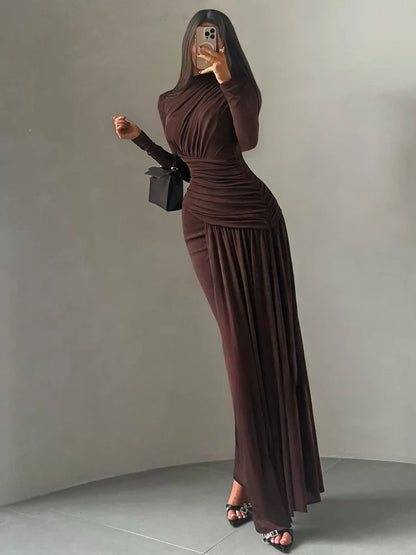 Folds Maxi Dress Women o-Neck Full Sleeve Solid Banquet Elegant Vacation Fashion Autumn Skinny Casual Simple Vestidos