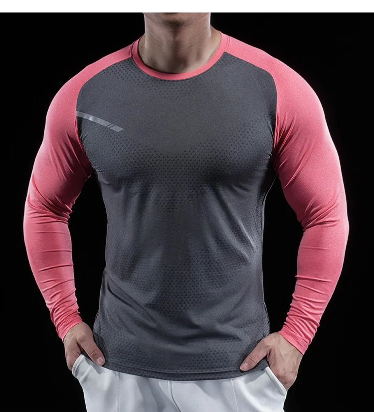 Autumn Winter Men Gym Fitness Display Long Sleeve T-Shirt Crew Neck Elastic Moisture Wicking Tights Running Training Bottom Top
