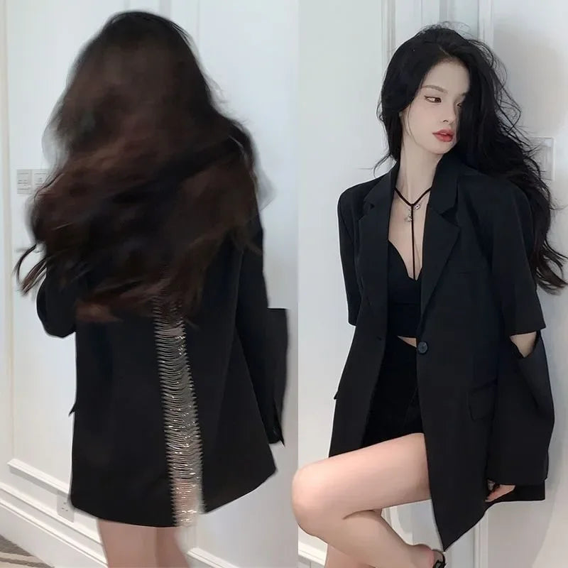 Premium Black Blazer for Women Spring Autumn New Arrival Sexy Backless Chain Accent Oversized Single Button Chic Feminine Design