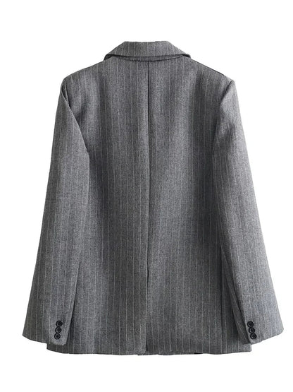 Women Fashion With Pockets Striped Single Breasted Blazer Vintage Notched Neck Long Sleeves Female Chic Lady Outfits