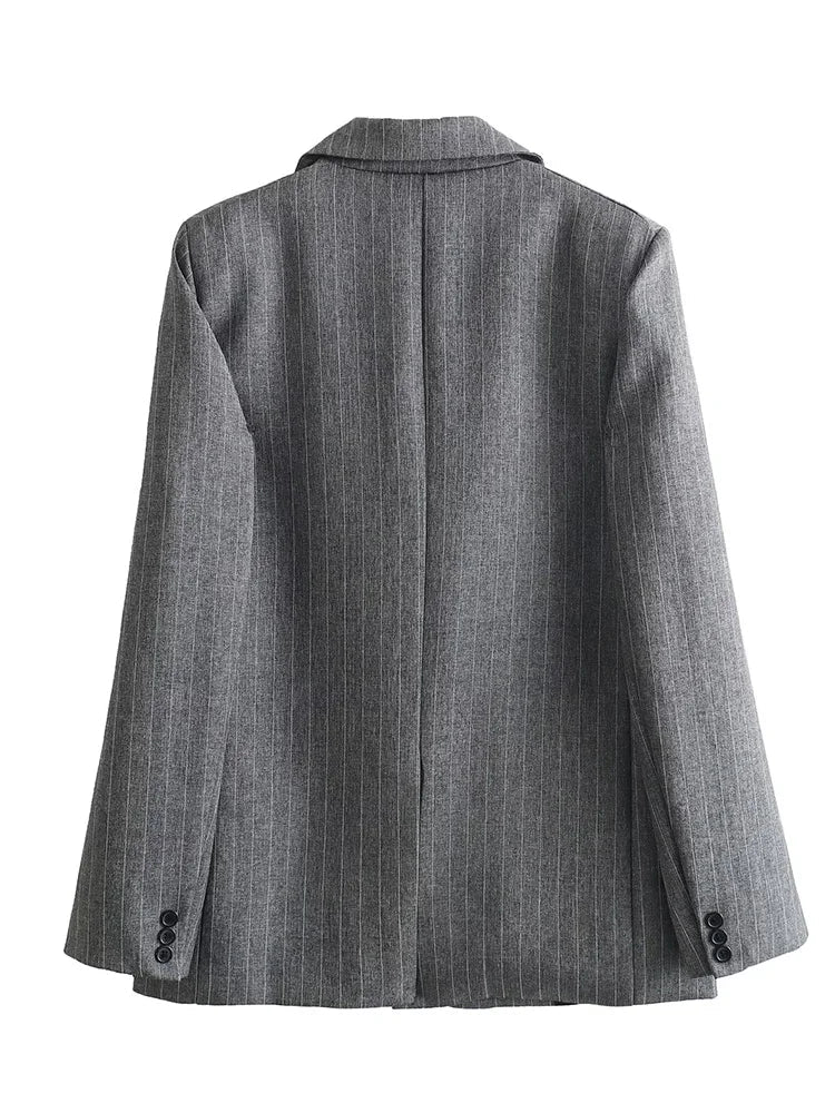 Women Fashion With Pockets Striped Single Breasted Blazer Vintage Notched Neck Long Sleeves Female Chic Lady Outfits