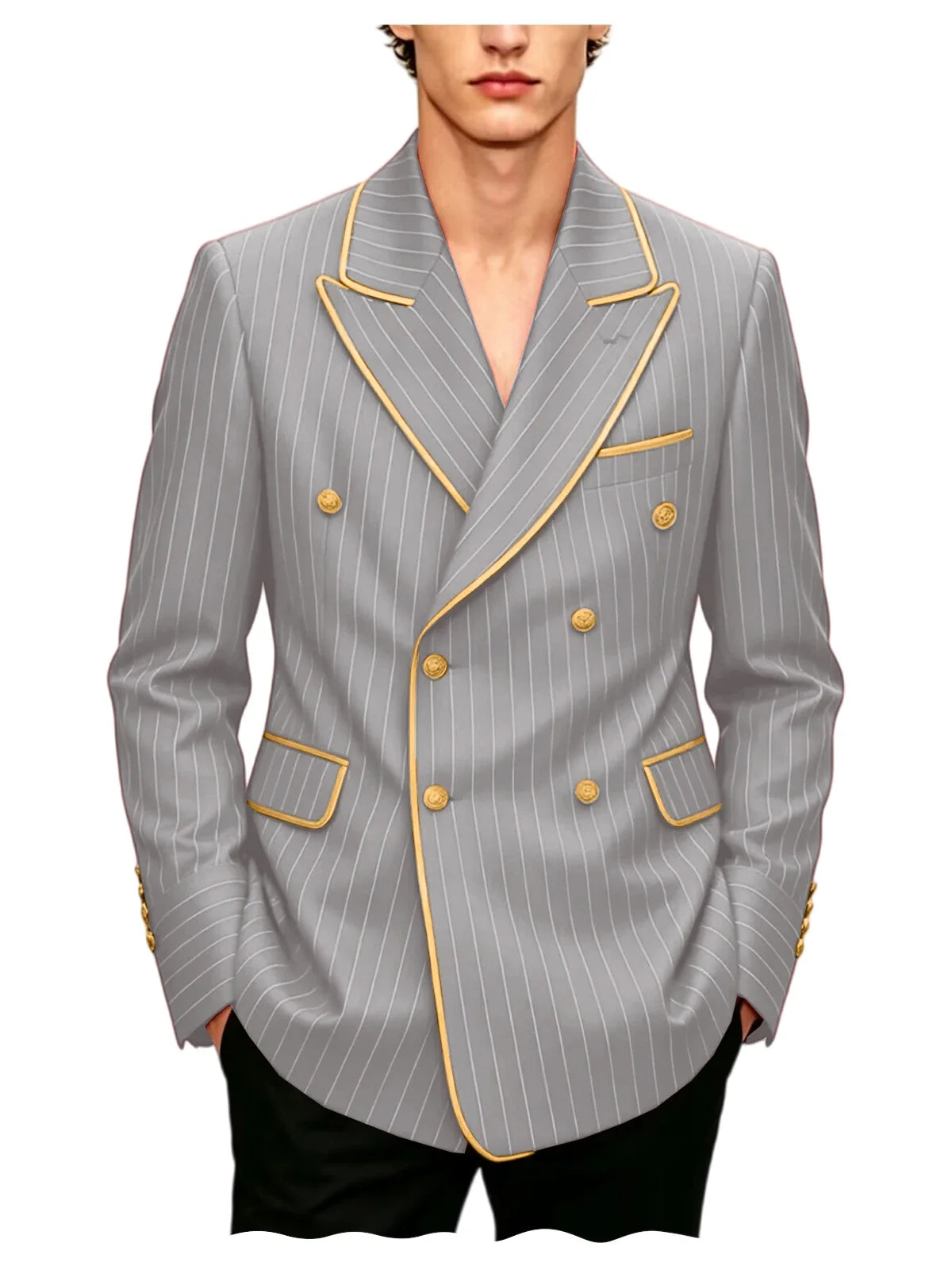 Luxury Men's Pinstripe Blazer Gold Trim Peak Lapel Formal Suit Breathable Lightweight Jacket for Business Party Wedding Coat