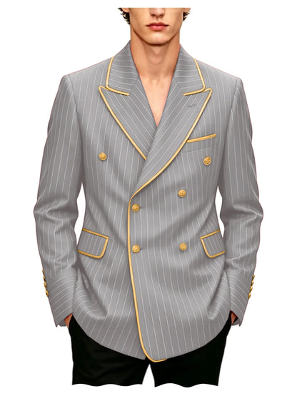 Luxury Men's Pinstripe Blazer Gold Trim Peak Lapel Formal Suit Breathable Lightweight Jacket for Business Party Wedding Coat