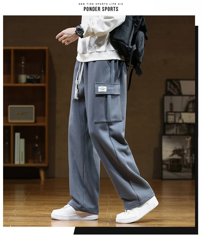 2026 New in Wide Leg Pants Men Autumn Straight Elastic Waist Baggy Cargo Trouser Male Relaxed Streetwear Sweatpant Plus Size Big