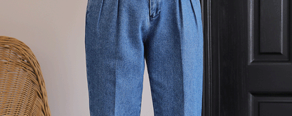 Italian Style Men's High Waist Business Neapolitan Jeans Draped Cuffed Straight Leg Western Pants Youth Trendy Wear Resistant
