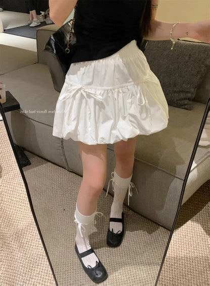 Sweet  Knot Puffy A-Line  Skirt Women's Summer Polyester Fiber High Waist Flower Bud Skirt Casual Sle