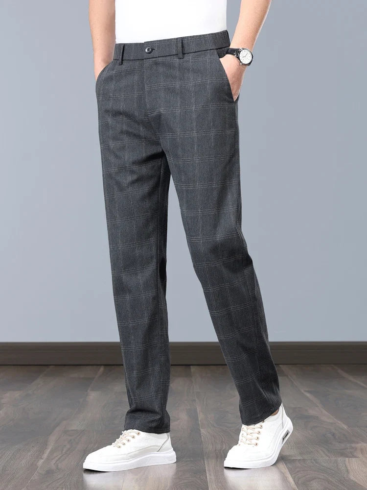 Summer Thin Plaid Formal Stretch Pants Men Slim Business Grey Black Casual Pant Fashion Male Clothing England Trousers