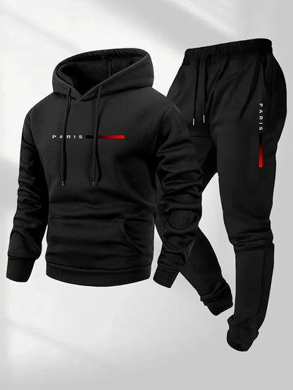 PARIS Letter Print Sweatshirt Suit Men's Fleece Hoodie Pants Set Spring Autumn Winter Warm Casual Sports Pullover Trousers Sets