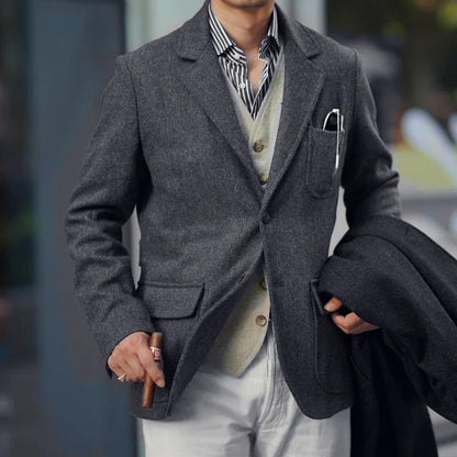 Spring Men's Peaky Blinders British Retro Tweed Wool Herringbone Hunting Casual Blazer