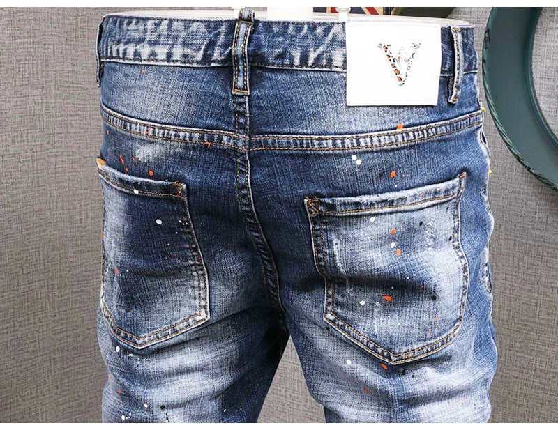 Fashion Streetwear Men Jeans Retro Black Blue Elastic Slim Fit Ripped Jeans Men Spliced Designer Embroidery Hip Hop Denim Pants