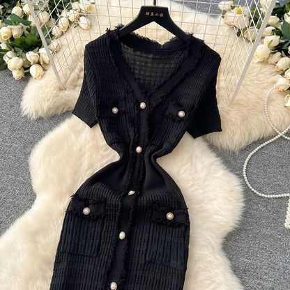 High Quality Elastic Knitted Long Sundress Women Short Sleeves Button Design Office Lady Vintage Split Slim Dress