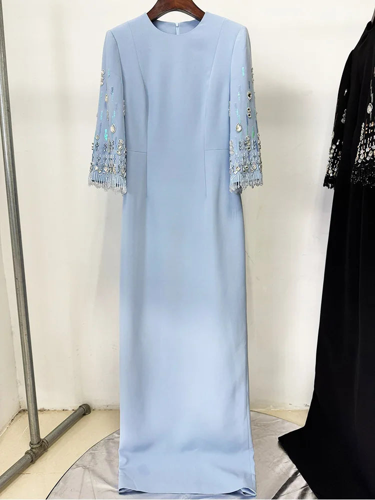 HIGH STREET Newest Fashion 2026 S/S Designer Vestido Women's Half Sleeve Stunning Beaded  Long Maxi Dress