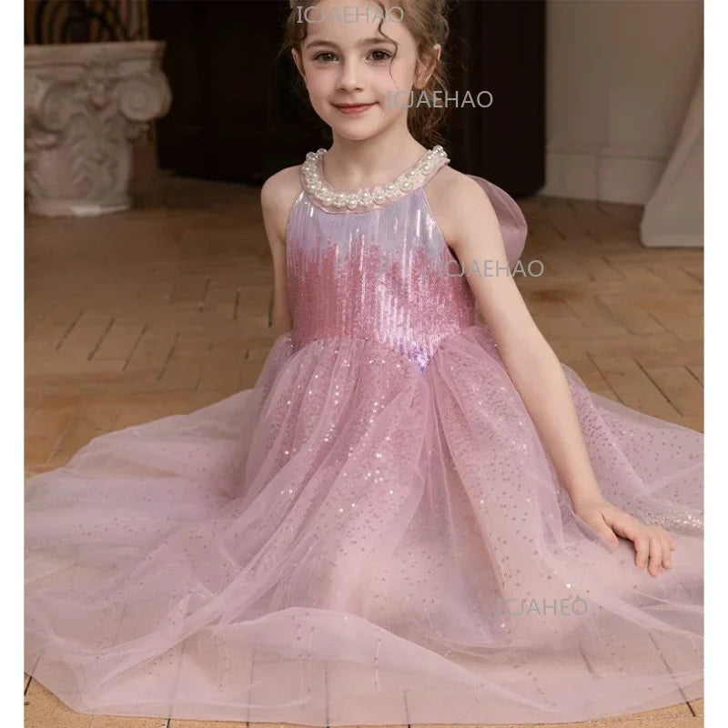 2026 Children Girls Dress New Princess Gown Summer Pink Tulle Formal Pageant Costume Kids Birthday Party Fashion Sleeveless