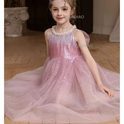 2026 Children Girls Dress New Princess Gown Summer Pink Tulle Formal Pageant Costume Kids Birthday Party Fashion Sleeveless