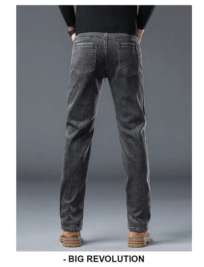 Men's Winter Stretch Fleece Jeans Thickened Warm Loose Straight Velvet Denim Trousers Classic Business Casual Black Work Pants