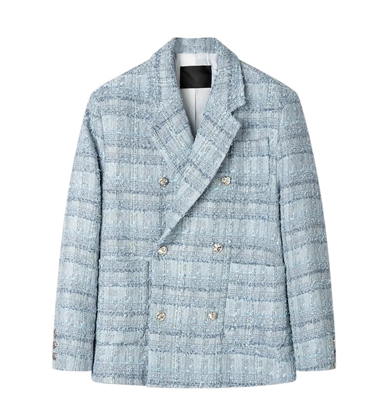 Autumn Loose Casual Colorful Blue Tweed Blazers Jacket for Men Long Sleeve Double Breasted Mens Designer Clothes