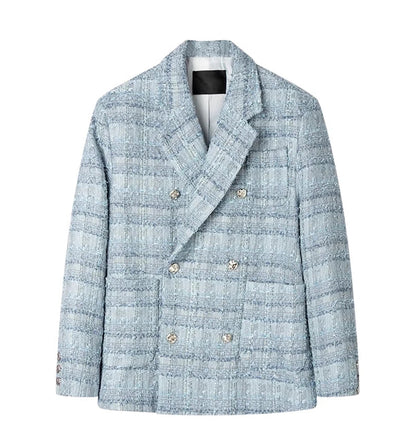 Autumn Loose Casual Colorful Blue Tweed Blazers Jacket for Men Long Sleeve Double Breasted Mens Designer Clothes