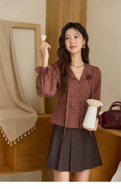 Women's Red Tied Plaid Shirt 2025 Autumn New Arrival Sweet 3D Floral Turn-Down Collar Long-Sleeve Blouse Women MXE45X2481