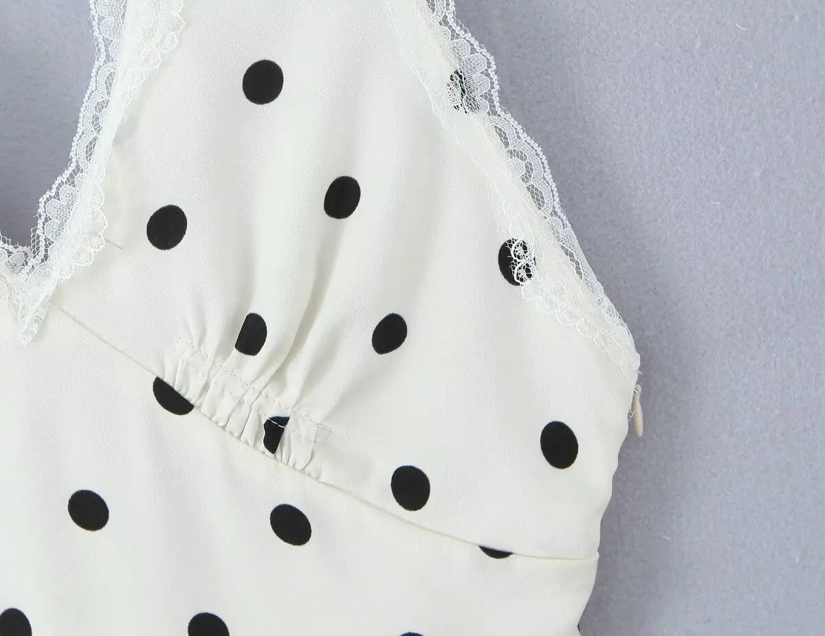 Lace Spliced Polka Dot Halter Dress Women Elegant A-line Mini Sexy Backless Dresses Summer Robe 2025