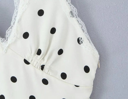 Lace Spliced Polka Dot Halter Dress Women Elegant A-line Mini Sexy Backless Dresses Summer Robe 2025