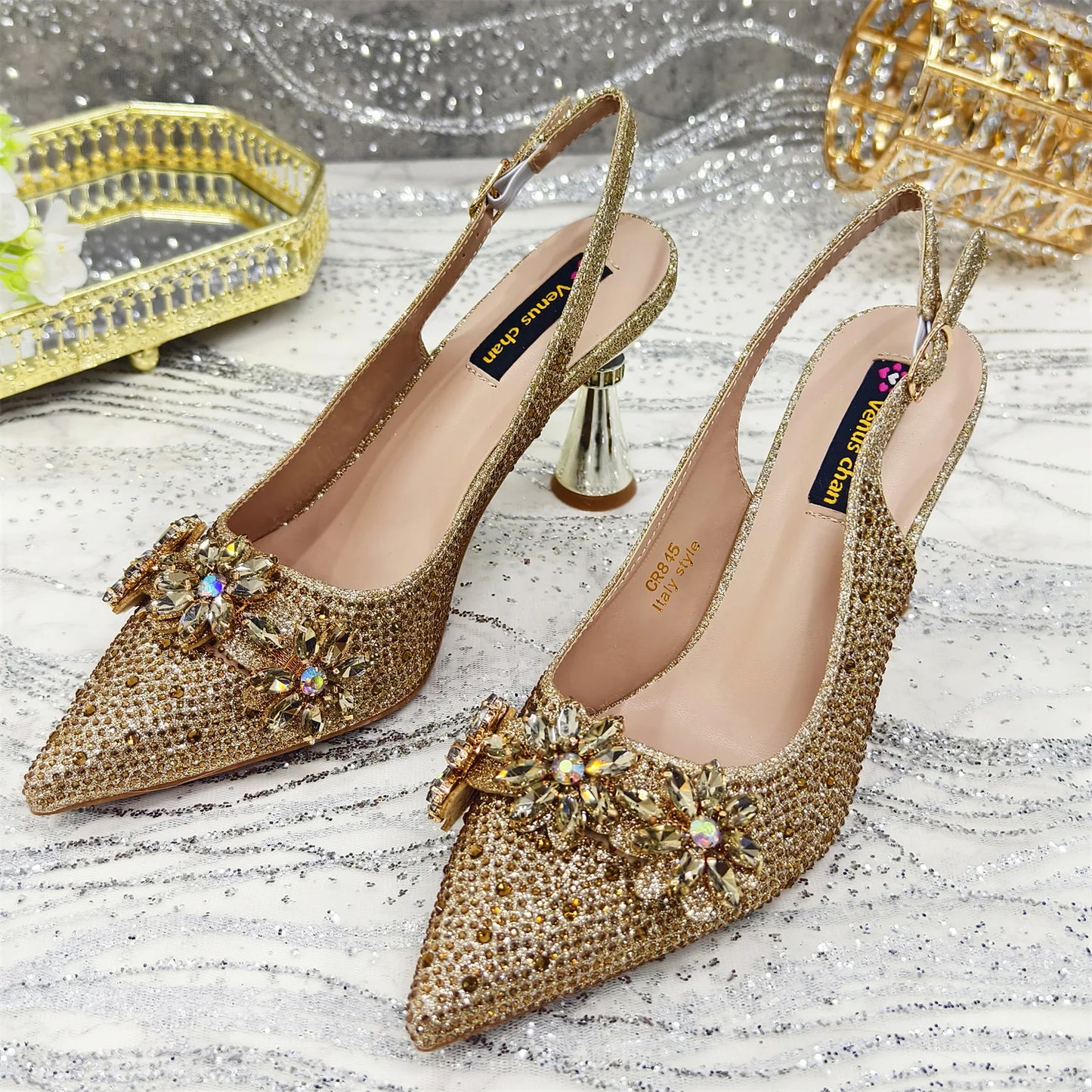 Olive-Green Pointed-Toe Women's High Heels Shoes and Bags for Party Rhinestone Evening Elegant Luxury Handbag
