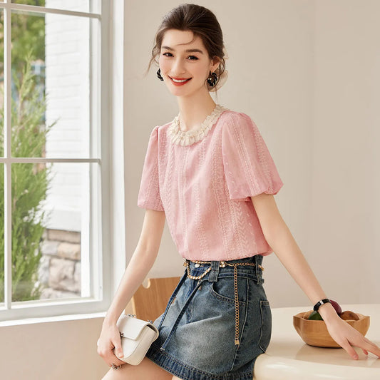 Color Contrasting Lace Shirt 2025 Summer Elegant Simple Round Neck Short Sleeve Lace Collar Decorative Shirt