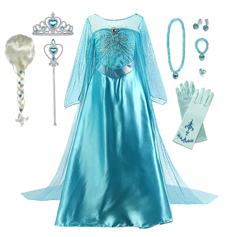 2026 Frozen Elsa Snow Queen Princess Dress Up Girls Fancy Costume Kids Role-play Carnival Children Birthday Party Dresses
