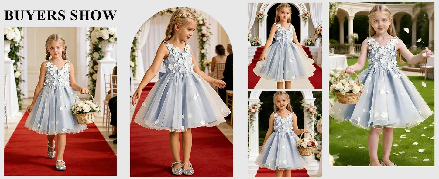 Snvdzo Princess Girls Lace Flower Girl Dress 3D Floral Sleeveless Tulle Princess Wedding Pageant Party Dresses 2026 with Big Bow