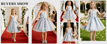 Snvdzo Princess Girls Lace Flower Girl Dress 3D Floral Sleeveless Tulle Princess Wedding Pageant Party Dresses 2026 with Big Bow