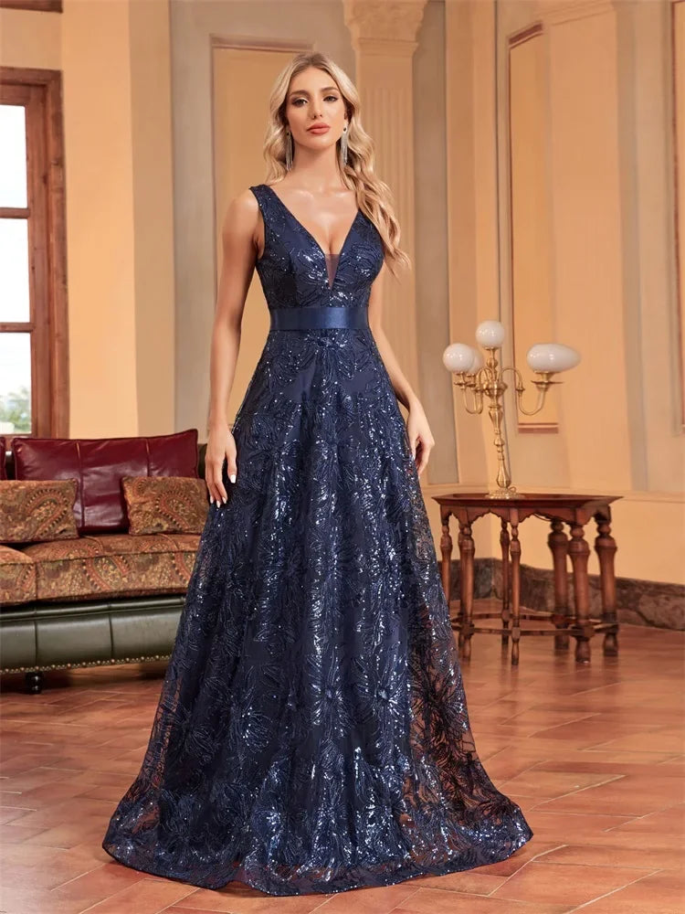 Luxury Sexy V-Neck Sequins Formal Evening Dress Long 2025 Women Elegant V-back Wedding Party Long Prom Cocktail Graduation Gown