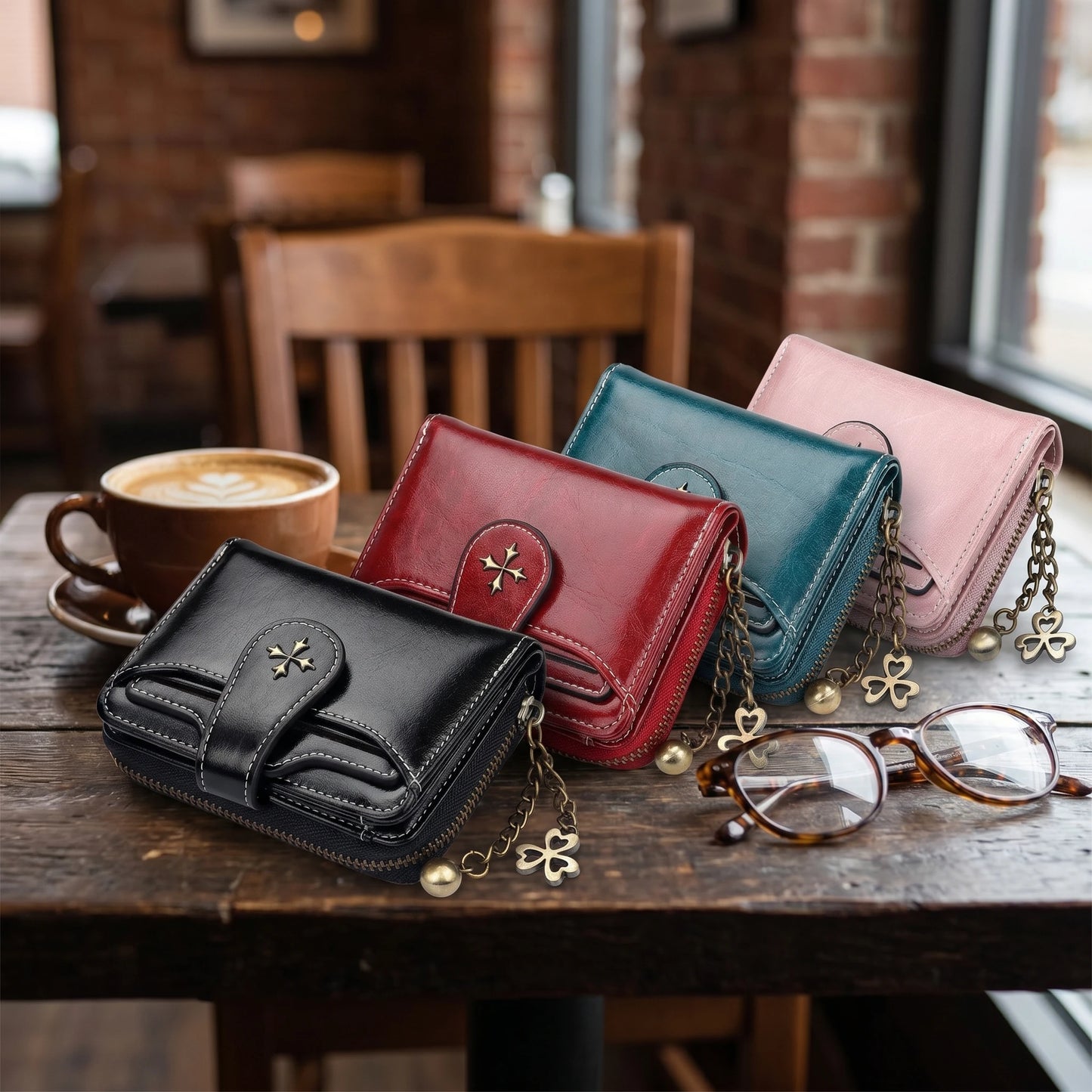 Blocking Oil Wax Leather Women Mini Wallet Multi Card Clover Zipper Coin Purse Portable Ladies Purse Office Travel Daily