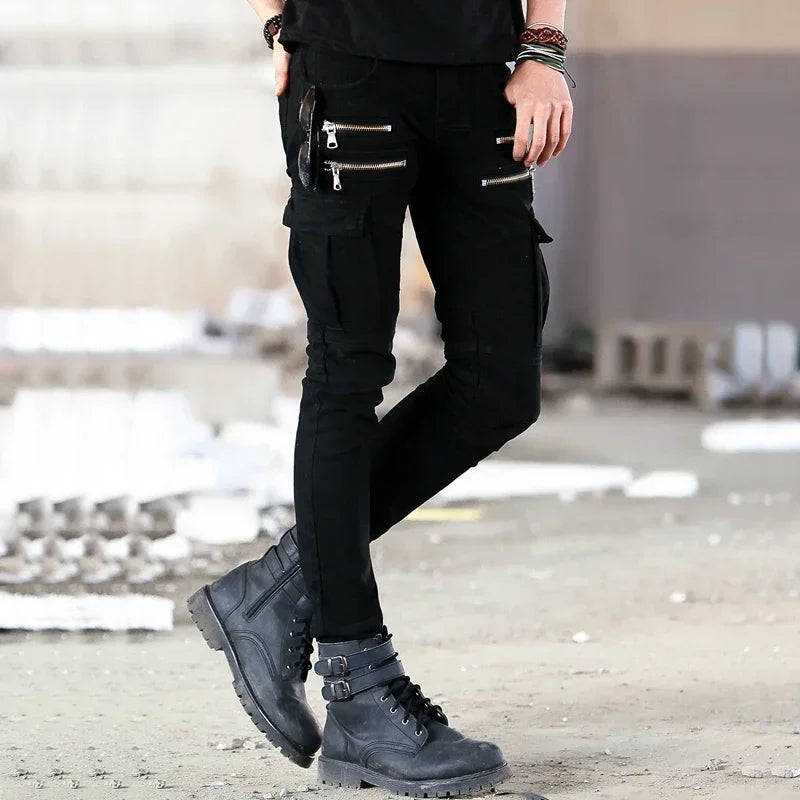 Fashion Fold Men Jeans Stretch Pleated Biker Cargo Jeans Zipper Skinny Slim Fit Trouser Hiphop Punk Multi Pocket Denim Pant Male