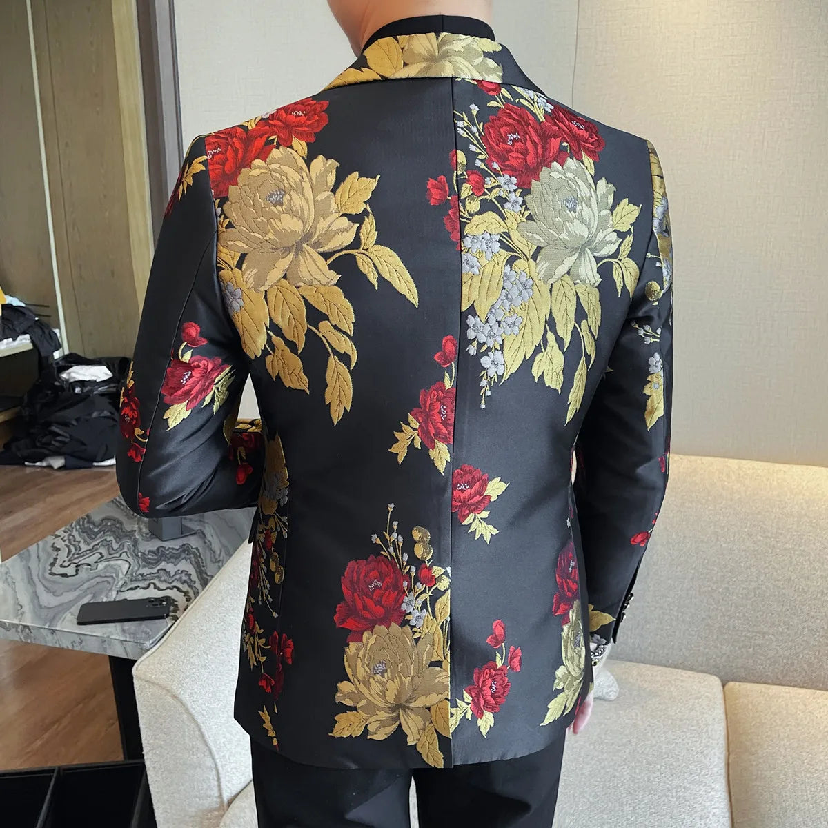 New Men Embroidered Jacquard Slim Fit Casual Suit Jacket Formal Prom Party Stage Costume Man Tuxedo Gentleman Blazers Suit Tops