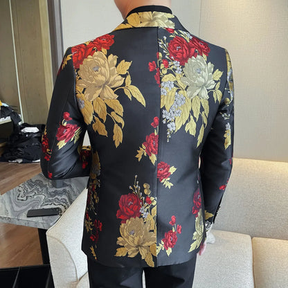 New Men Embroidered Jacquard Slim Fit Casual Suit Jacket Formal Prom Party Stage Costume Man Tuxedo Gentleman Blazers Suit Tops