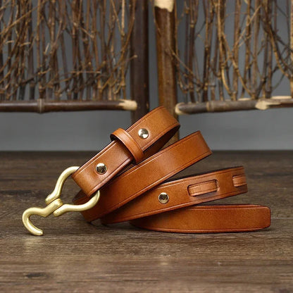 2.0 CM Ladies Pure Cowhide High Quality Genuine Leather Hook Belts for Women Brand Strap Brass Buckle Jeans Cowboy Thin Belt