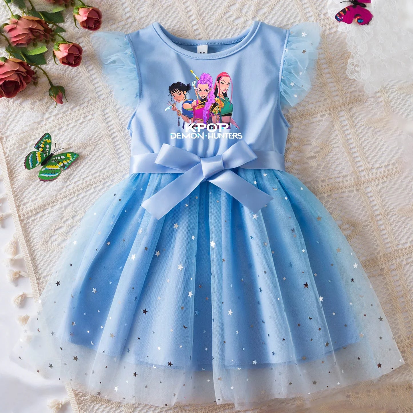 K-Pop Hunters Zoey Rumi Girls Sequin Tutu Dress with Bow Flutter Sleeves Summer Princess Party Outfit for Toddler Kids 2-6Y