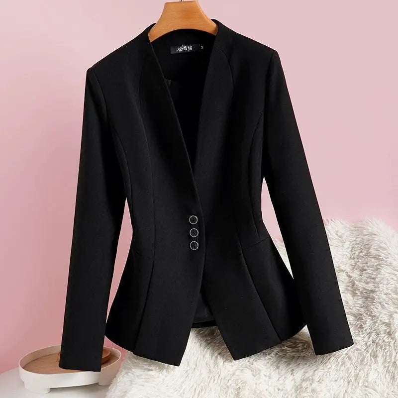 2026 New Short Little Blazer Coat Female Spring Autumn Fashion Collarless Suit Jacket Woman White Outerwear Slim V-neck  Outcoat