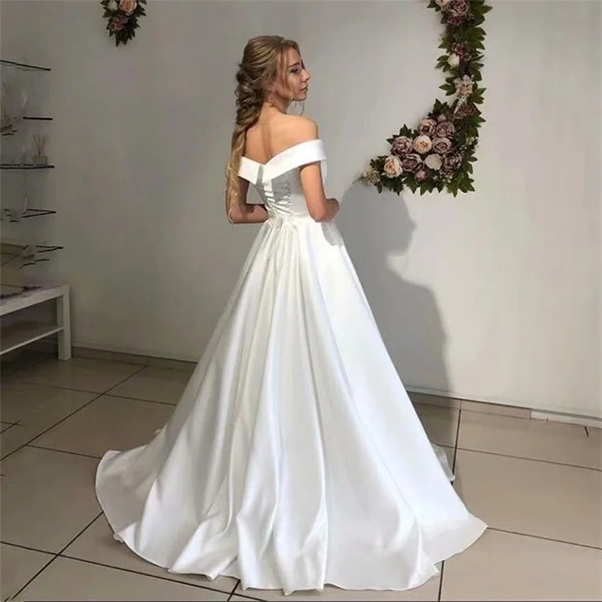 New Arrival Satin Wedding Dress for woman Vestido De Noiva Robe De Soiree Bride Simple Vestidos De Fiesta Off The Shoulder