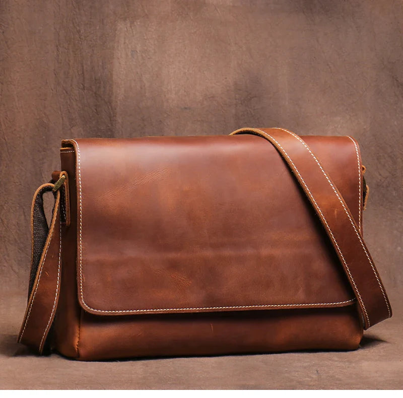 Men's High Quality Genuine Leather Shoulder Bag Vintage Flap Crazy Horse Cowhide Messenger Bag Daily Casual Crossbody Bags