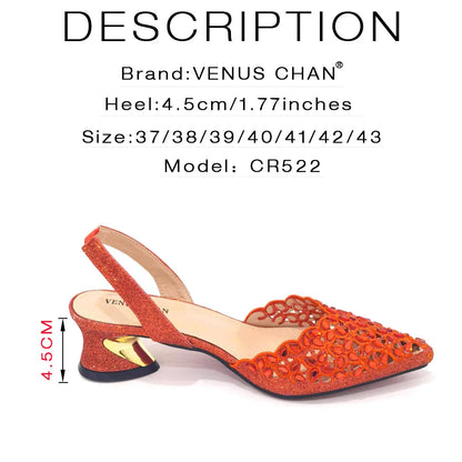 Low Heel Shoes for Women Hollowed Out Embroidery Rhinestone Italian Design Gold Color Pointed-Toe Shoes and Bags Set