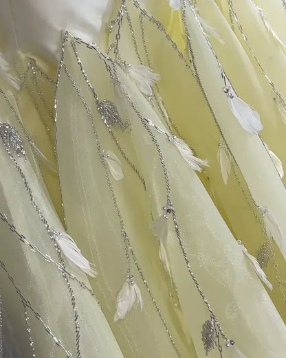 Customized Prom Dresses Yellow Tulle Tassel Feather  Pleat A-line Strapless Long Dresses Retro Exquisite High quality Classic