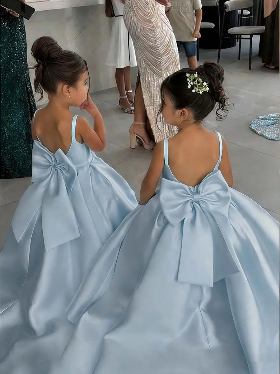 White Flower Girl Dress With Bow Strap Mini Bridal Wedding Dress Kids Ball Gown 1st Communion Frock Customized Vestidos De Noiva