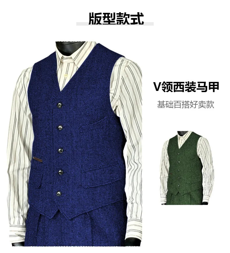 Men's Houndstooth Wool Vest British Style Business Waistcoat Casual Sleeveless Jacket Ready‑to‑Ship Business Outfit  for Men